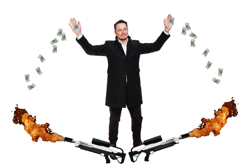 animation showing Elon Musk throwing dollar bills into flames of Boring Company flamethrowers