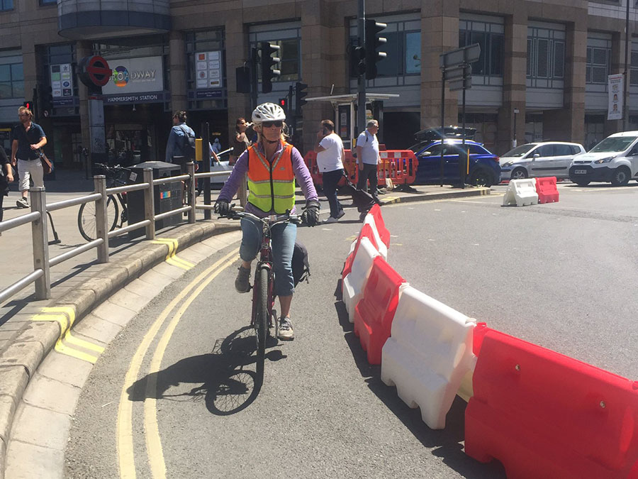 Barriers protect cyclists on busy Hammersmith Roundabout. Source: Will Norman