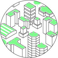 A simple illustration of green gardens on top of a variety of urban buildings