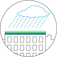 A simple illustration of rain falling on the top of a tall building with a garden roof