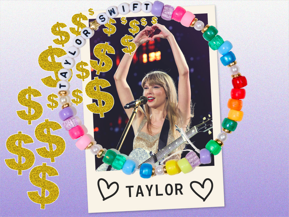 a picture of Taylor Swift holding her heads in a heart shape, cropped as a polaroid. A beaded friendship bracelet sits on top of the photo.