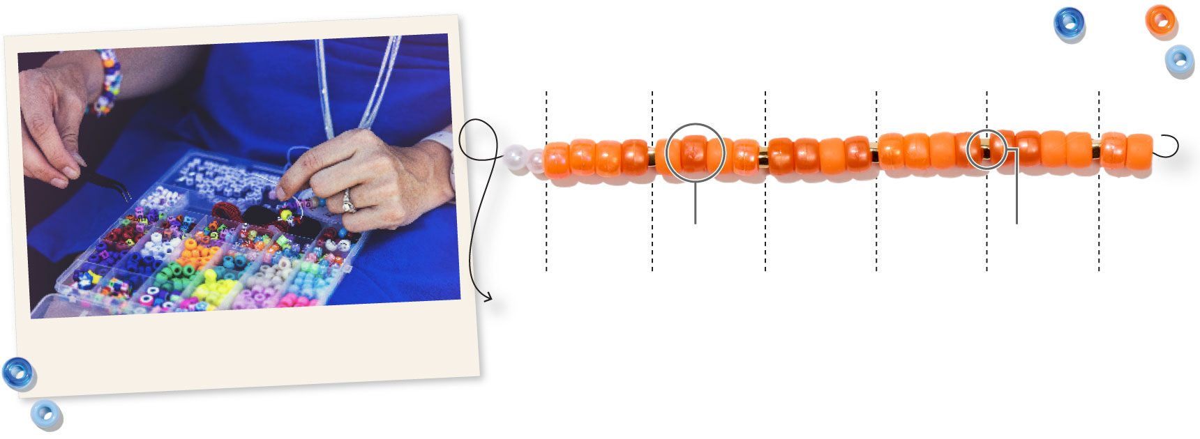 A graphic that illustrates Taylor Swift&rsquo;s total net worth of $1.1 billion using orange pony beads. The beads are stacked in a row as if they are being used to construct a still unfinished bracelet that is stretched across a scale with axes lines marking every $200 million. Each bead represents $50 million and there are small gold beads that appear every 4 orange beads to mark $200 million as well. In total there are 22 orange beads, 5 gold beads, and 2 white pearl beads which just mark the beginning of the bracelet and do not count toward her wealth. There appears to be a string that runs through the beads, visible at both ends of the row and at one end curling to point with an arrow to text that explains why we are using beads and friendship bracelets as the method of illustrating Taylor&rsquo;s wealth. Next to the bracelet there is a polaroid photo of a person&rsquo;s hands working to create a bracelet over a plastic bead-organizing container. The person is wearing royal blue clothing, wearing a few beaded bracelets as well as a watch and daimond ring. The caption is overlaid on the bottom of the polaroid explaining that this is a concert-goer making a friendship bracelet at the show in Denver. There are a few stray beads sprinkled around the edges of the graphic.