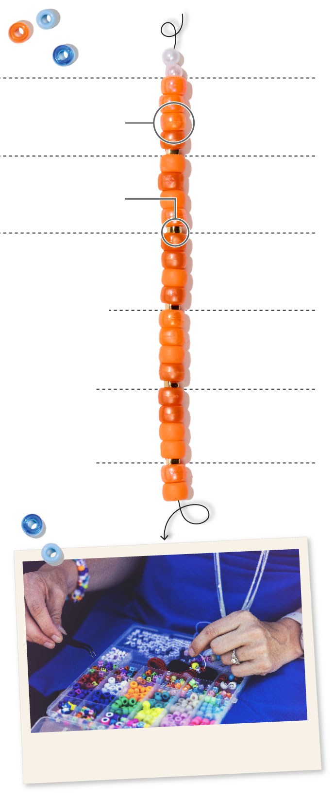 A graphic that illustrates Taylor Swift&rsquo;s total net worth of $1.1 billion using orange pony beads. The beads are stacked in a row as if they are being used to construct a still unfinished bracelet that is stretched across a scale with axes lines marking every $200 million. Each bead represents $50 million and there are small gold beads that appear every 4 orange beads to mark $200 million as well. In total there are 22 orange beads, 5 gold beads, and 2 white pearl beads which just mark the beginning of the bracelet and do not count toward her wealth. There appears to be a string that runs through the beads, visible at both ends of the row and at one end curling to point with an arrow to text that explains why we are using beads and friendship bracelets as the method of illustrating Taylor&rsquo;s wealth. Next to the bracelet there is a polaroid photo of a person&rsquo;s hands working to create a bracelet over a plastic bead-organizing container. The person is wearing royal blue clothing, wearing a few beaded bracelets as well as a watch and daimond ring. The caption is overlaid on the bottom of the polaroid explaining that this is a concert-goer making a friendship bracelet at the show in Denver. There are a few stray beads sprinkled around the edges of the graphic.