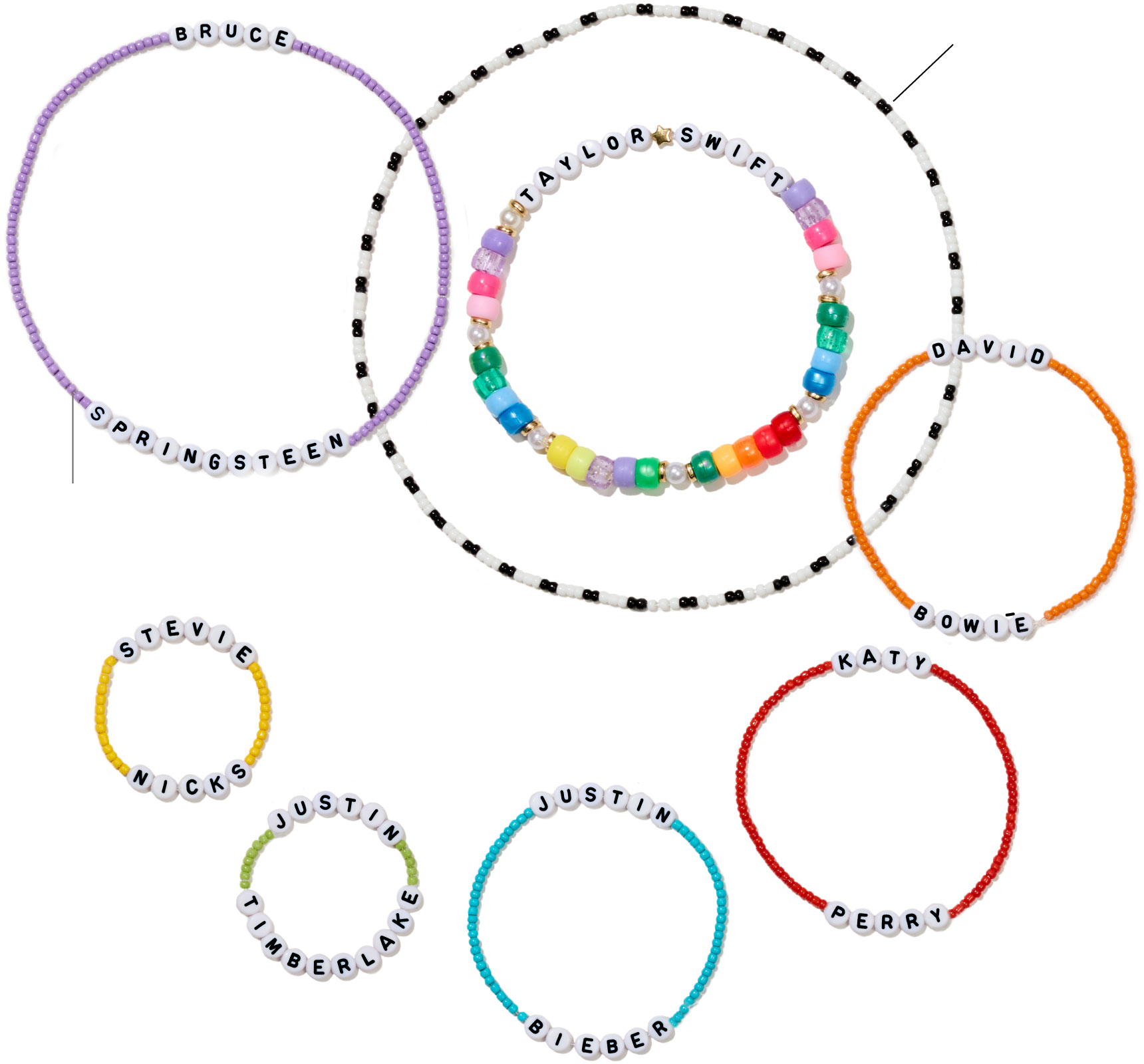 A graphic comprised of 8 circles made from physical jewelry beads to look like friendship bracelets.  Each beaded bracelet represents the value of a recording artist&rsquo;s catalog, with larger bracelets indicating high prices for a catalog and smaller bracelets indicating lower prices. Each bracelet has the artist&rsquo;s name spelled out with letter beads and the dollar value and details of the deal are included by each bracelet. The artists included for comparison, in order of size, are Bruce Springsteen with one of the largest bracelets in purple beads representing $550 million, Taylor Swift has two bracelets representing the upper and lower bounds of estimates for the value of her catalog. The lower bound is a colorful bracelet representing $400M, a bit smaller than Springsteen&rsquo;s. The upper bound is represented with an alternating black and white  beaded bracelet, the largest of all, scaled to equal $1 billion. David Bowie&rsquo;s bracelet is smaller than Taylor&rsquo;s lower-bound, with orange beads representing $250 million. Next is Katy Perry, in red beads, representing $225 million. Then Justin Bieber, in blue beads, representing $200 million. Then Justin Timberlake in green beads and Stevie Nicks in yellow beads, both the same size representing $100 million.