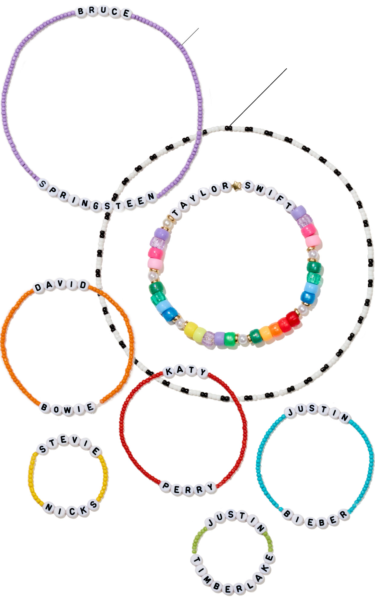 A graphic comprised of 8 circles made from physical jewelry beads to look like friendship bracelets.  Each beaded bracelet represents the value of a recording artist&rsquo;s catalog, with larger bracelets indicating high prices for a catalog and smaller bracelets indicating lower prices. Each bracelet has the artist&rsquo;s name spelled out with letter beads and the dollar value and details of the deal are included by each bracelet. The artists included for comparison, in order of size, are Bruce Springsteen with one of the largest bracelets in purple beads representing $550 million, Taylor Swift has two bracelets representing the upper and lower bounds of estimates for the value of her catalog. The lower bound is a colorful bracelet representing $400M, a bit smaller than Springsteen&rsquo;s. The upper bound is represented with an alternating black and white  beaded bracelet, the largest of all, scaled to equal $1 billion. David Bowie&rsquo;s bracelet is smaller than Taylor&rsquo;s lower-bound, with orange beads representing $250 million. Next is Katy Perry, in red beads, representing $225 million. Then Justin Bieber, in blue beads, representing $200 million. Then Justin Timberlake in green beads and Stevie Nicks in yellow beads, both the same size representing $100 million.