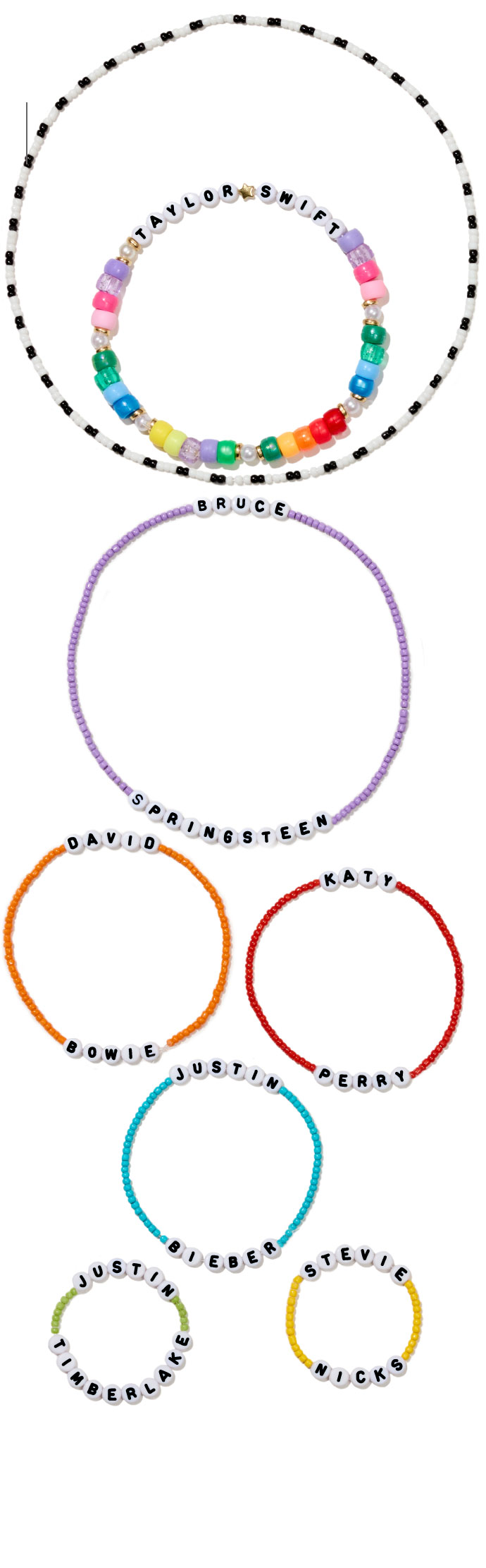 A graphic comprised of 8 circles made from physical jewelry beads to look like friendship bracelets.  Each beaded bracelet represents the value of a recording artist&rsquo;s catalog, with larger bracelets indicating high prices for a catalog and smaller bracelets indicating lower prices. Each bracelet has the artist&rsquo;s name spelled out with letter beads and the dollar value and details of the deal are included by each bracelet. The artists included for comparison, in order of size, are Bruce Springsteen with one of the largest bracelets in purple beads representing $550 million, Taylor Swift has two bracelets representing the upper and lower bounds of estimates for the value of her catalog. The lower bound is a colorful bracelet representing $400M, a bit smaller than Springsteen&rsquo;s. The upper bound is represented with an alternating black and white  beaded bracelet, the largest of all, scaled to equal $1 billion. David Bowie&rsquo;s bracelet is smaller than Taylor&rsquo;s lower-bound, with orange beads representing $250 million. Next is Katy Perry, in red beads, representing $225 million. Then Justin Bieber, in blue beads, representing $200 million. Then Justin Timberlake in green beads and Stevie Nicks in yellow beads, both the same size representing $100 million.