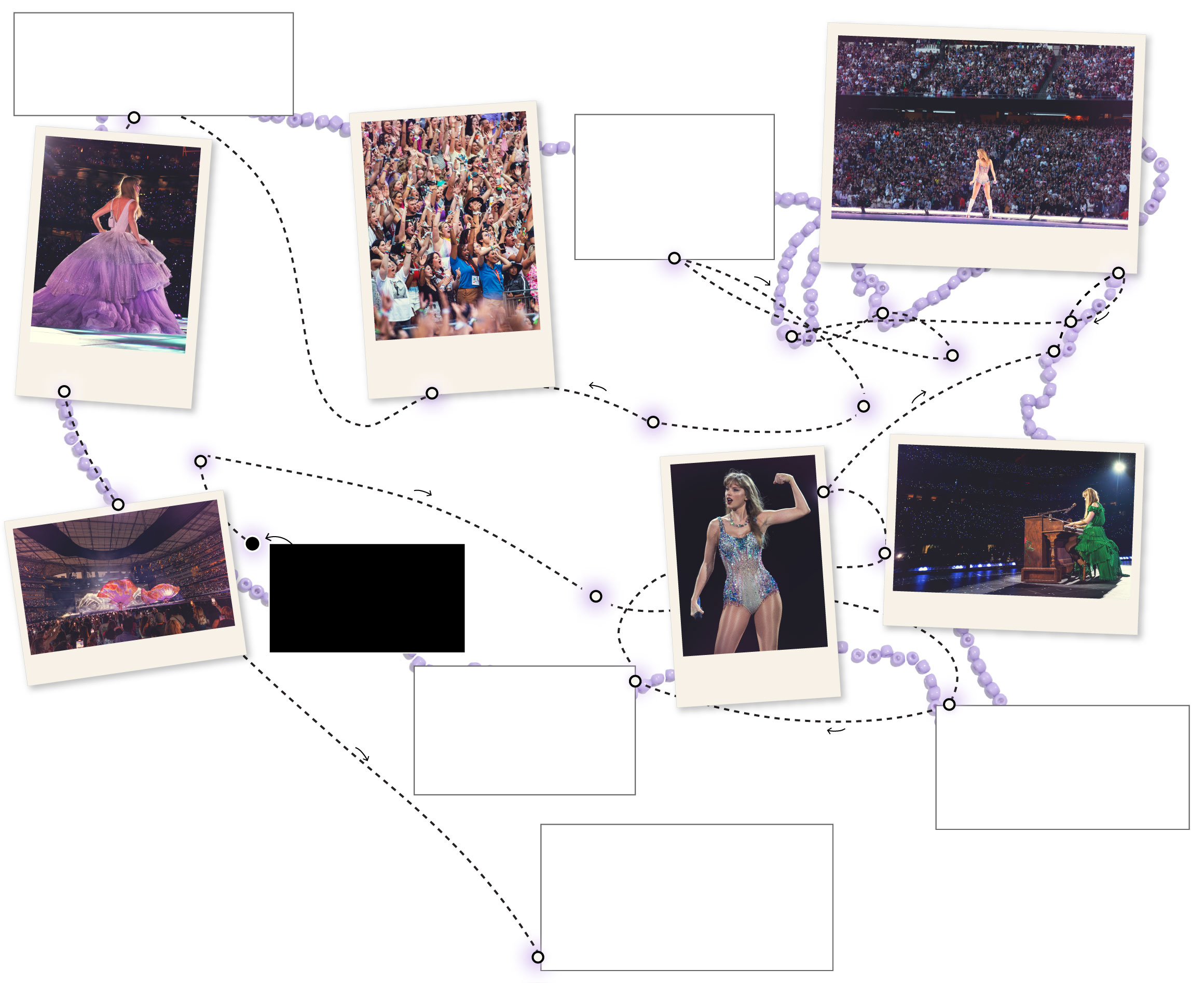 A map of Swift&rsquo;s Eras Tour showing every city in which she&rsquo;s performed so far, starting with Glendale, Arizona, on March 17 ending in Mexico city in August. Swift will do nine more shows in South America in november. The rest of her international tour will take place in 2024. Along the way, the map showcases small photos of Swift performing in, and the photos are shaped like small polaroids. On the map are economic impact figures for some of the cities she stopped in. In Tampa, Florida, there was a $26 million increase in visitor spending compared to the two weeks before and after the event. In Minneapolis, Minnesota hotel revenue was nearly $6 million compared to $2.7 million for the same weekend the prior year. In Houston, Texas, City-wide revenue for the weekend was $34 million,up 136% from the same period in 2019. In Seattle, Washington, downtown hotel revenues reached a record high of $7.4 million on the first night of the Eras tour. On the map, the tour route is depicted as a dashed black line overlaid on an outline of the United States that&rsquo;s made out of small purple beads.