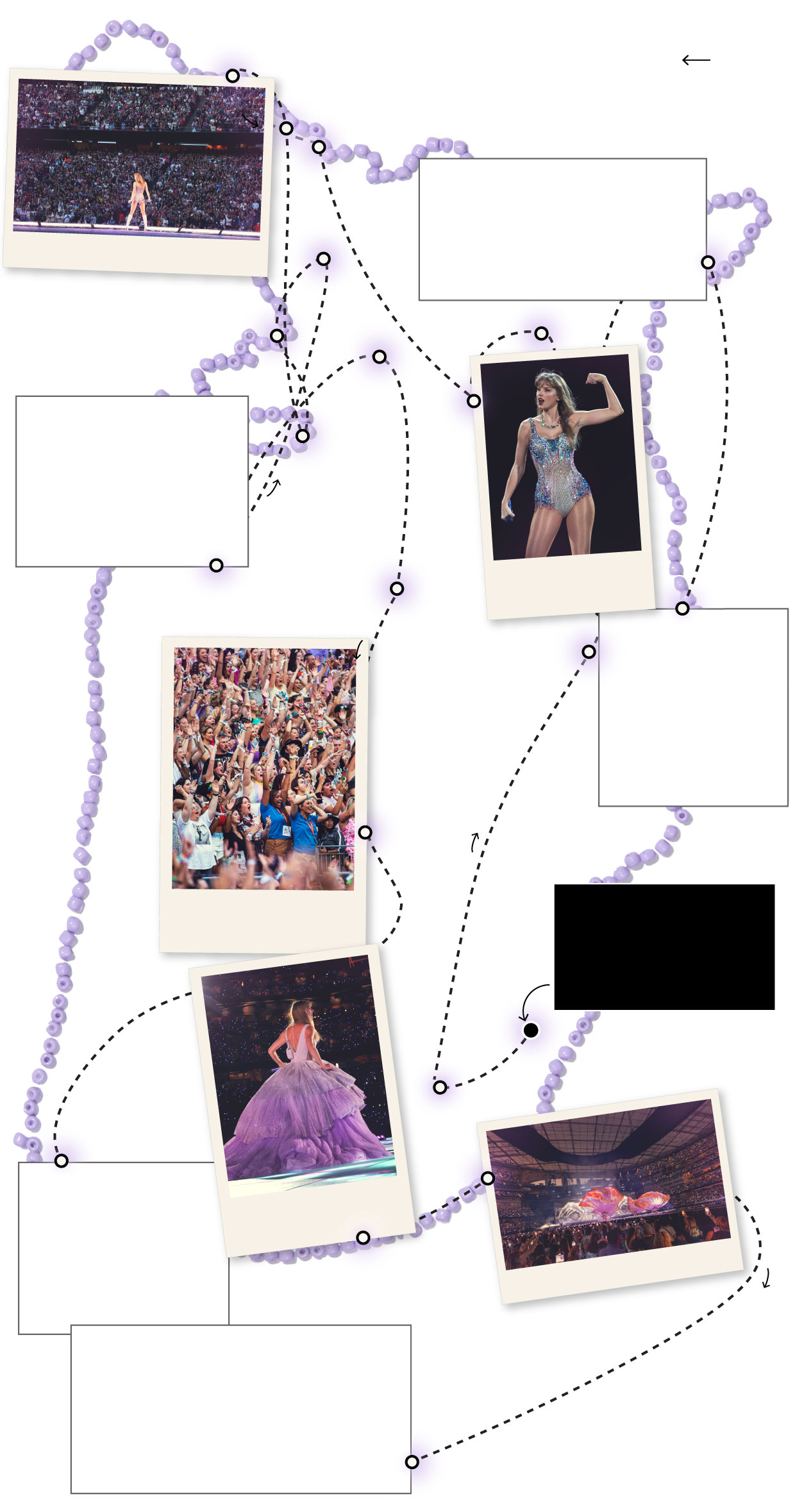 A map of Swift&rsquo;s Eras Tour showing every city in which she&rsquo;s performed so far, starting with Glendale, Arizona, on March 17 ending in Mexico city in August. Swift will do nine more shows in South America in november. The rest of her international tour will take place in 2024. Along the way, the map showcases small photos of Swift performing in, and the photos are shaped like small polaroids. On the map are economic impact figures for some of the cities she stopped in. In Tampa, Florida, there was a $26 million increase in visitor spending compared to the two weeks before and after the event. In Minneapolis, Minnesota hotel revenue was nearly $6 million compared to $2.7 million for the same weekend the prior year. In Houston, Texas, City-wide revenue for the weekend was $34 million,up 136% from the same period in 2019. In Seattle, Washington, downtown hotel revenues reached a record high of $7.4 million on the first night of the Eras tour. On the map, the tour route is depicted as a dashed black line overlaid on an outline of the United States that&rsquo;s made out of small purple beads.