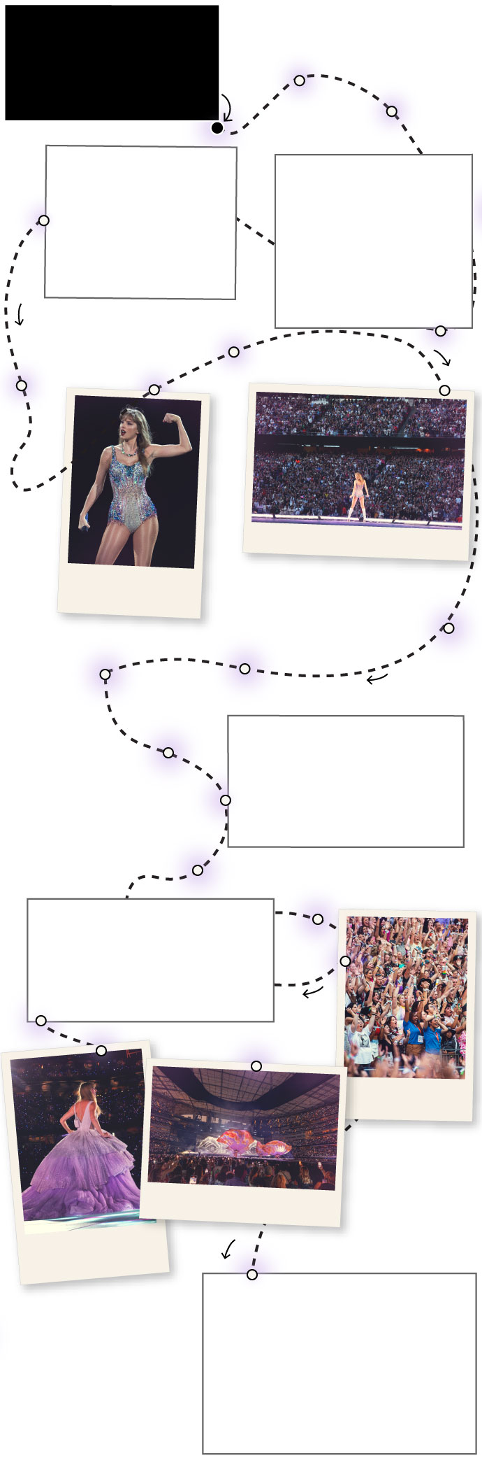 A map of Swift&rsquo;s Eras Tour showing every city in which she&rsquo;s performed so far, starting with Glendale, Arizona, on March 17 ending in Mexico city in August. Swift will do nine more shows in South America in november. The rest of her international tour will take place in 2024. Along the way, the map showcases small photos of Swift performing in, and the photos are shaped like small polaroids. On the map are economic impact figures for some of the cities she stopped in. In Tampa, Florida, there was a $26 million increase in visitor spending compared to the two weeks before and after the event. In Minneapolis, Minnesota hotel revenue was nearly $6 million compared to $2.7 million for the same weekend the prior year. In Houston, Texas, City-wide revenue for the weekend was $34 million,up 136% from the same period in 2019. In Seattle, Washington, downtown hotel revenues reached a record high of $7.4 million on the first night of the Eras tour. On the map, the tour route is depicted as a dashed black line overlaid on an outline of the United States that&rsquo;s made out of small purple beads.