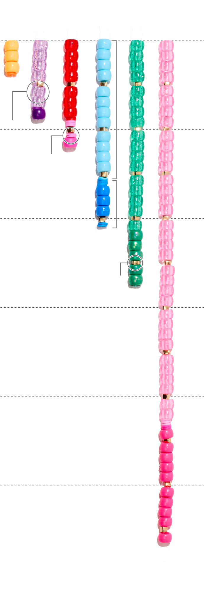 A graphic illustrating Taylor Swift&rsquo;s pre-tax profits from each of her six tours to date. Each tour is represented as a horizontal line of bracelet beads, with each thick pony bead representing $5 million and each narrow clay bead representing $1 million. There are also small gold beads that mark every $20 million. Each tour has its own color scheme, and there are two shades of beads for each tour to differentiate between profits made from ticket sales and profits made from merchandise sold. The beads stretch along a scale with axes lines that mark every $40 million. The scale goes up to $200 million, while the longest string of beads belongs to the Eras tour, from which Swift profited $225 million so far. The Eras tour is comprised of 34 thick, light-pink beads, 3 thin light-pink beads (which together represent money from ticket sales) and 10 thick, dark-pink beads and 2 thin dark-pink beads (which together represent money from merchandise). In descending length, the next tour is Reputation, comprised of 17 thick light green beads for ticket sales and 5 thick dark green beads and 1 thin dark green bead for merchandise. Next is 1989, comprised of 7 thick red beads and 2 thin red beads representing ticket sales, 1 thick pink bead and 5 thin pink beads representing merchandise. Speak Now is comprised of 6 thick lavender beads representing ticket sales and 1 thick and 1 thin purple beads representing merchandise. The final tour is Fearless, represented with 3 thick golden-yellow beads and 1 thin golden-yellow bead representing ticket sales. There are no beads for merchandise from that tour.