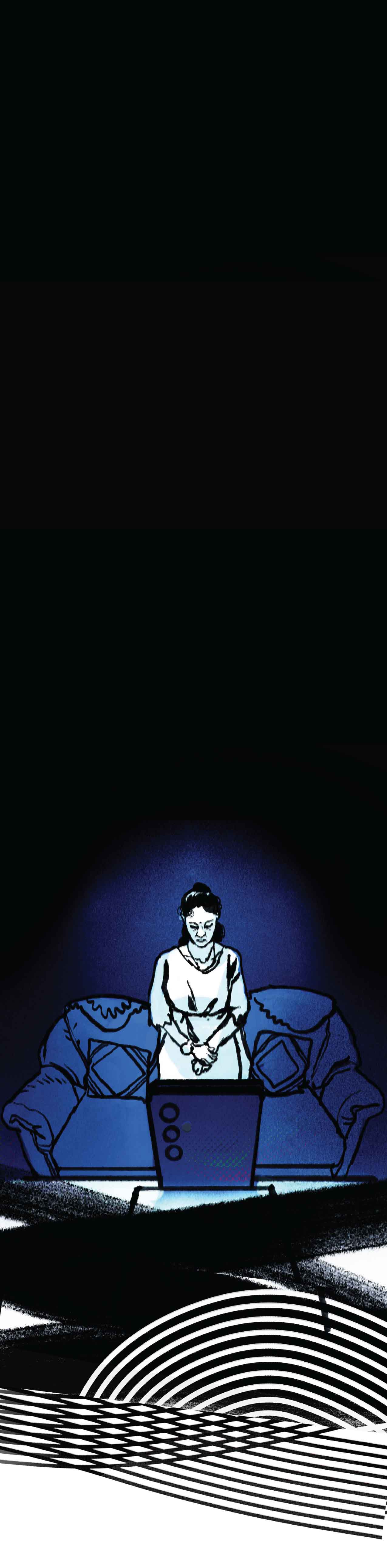 Narration: "The officer tells her that she needs to go to court — virtually. She should wear a white dress. To show respect to the judge." She stands in front of her phone in her living room, in a white dress.