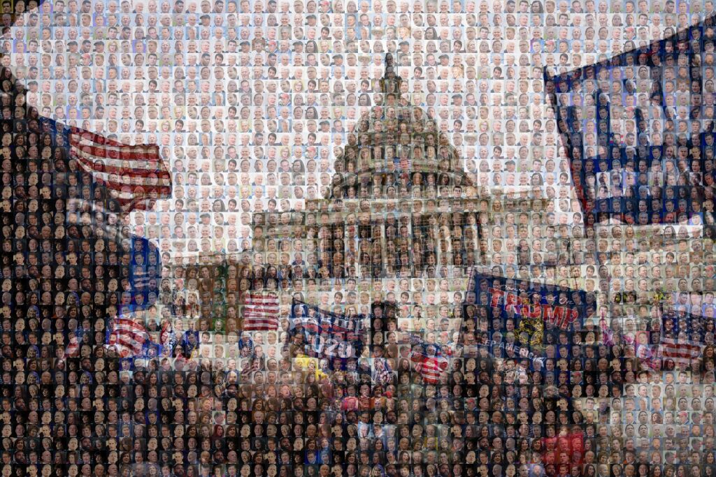 a mosaic of officials overlayed onto a scene from January 6th